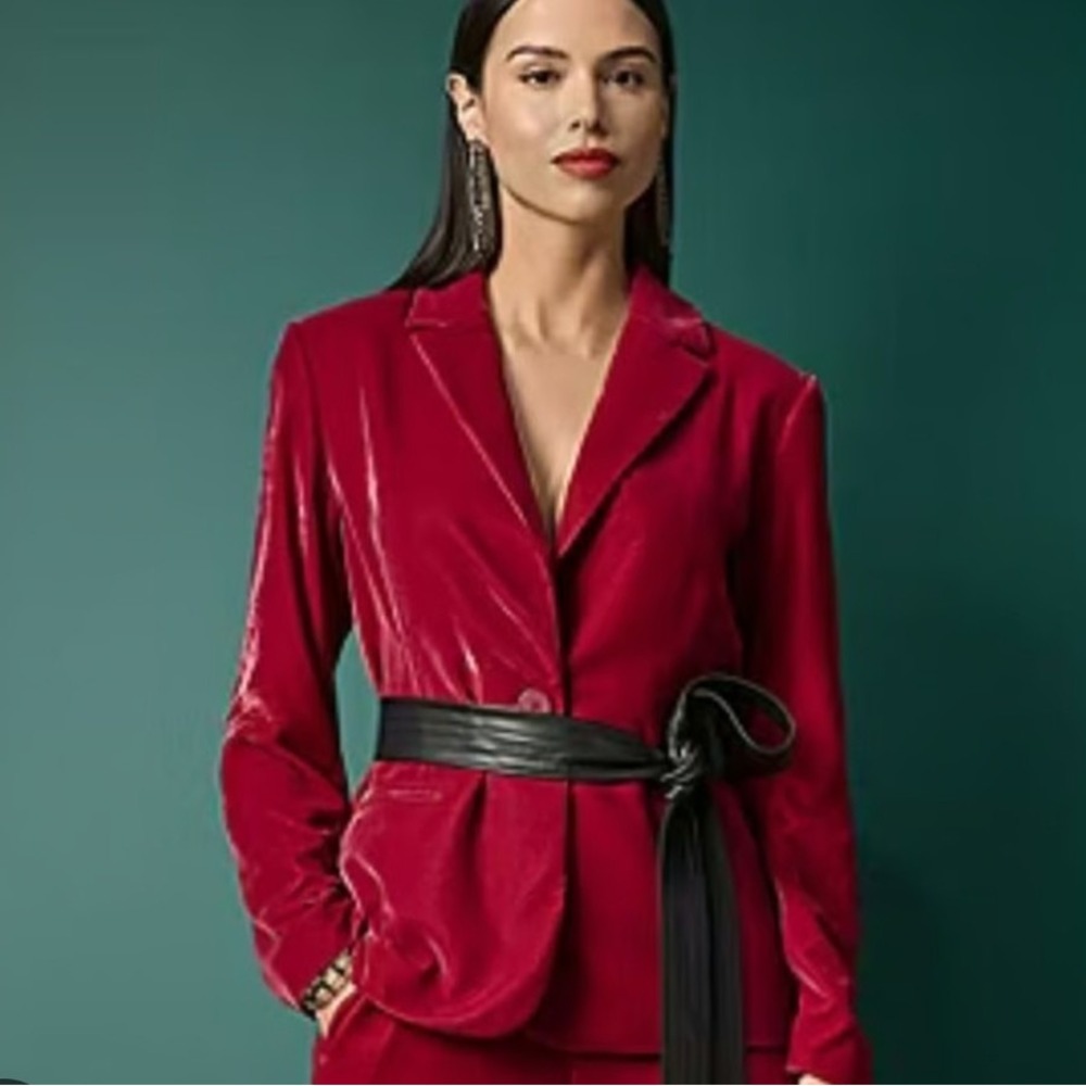 Worthington Luxury Red Velvet Single Button Blazer Faux‎ Leather Belt Holiday M